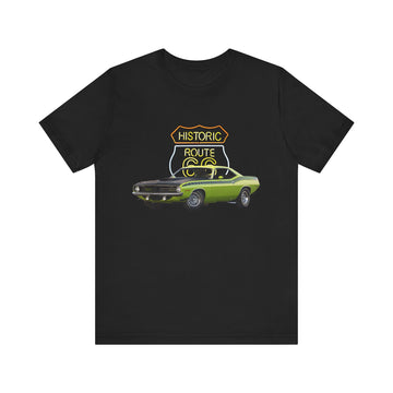 1970 Plymouth AAR Cuda in our Route 66 in the dark series Short Sleeve T-Shirt