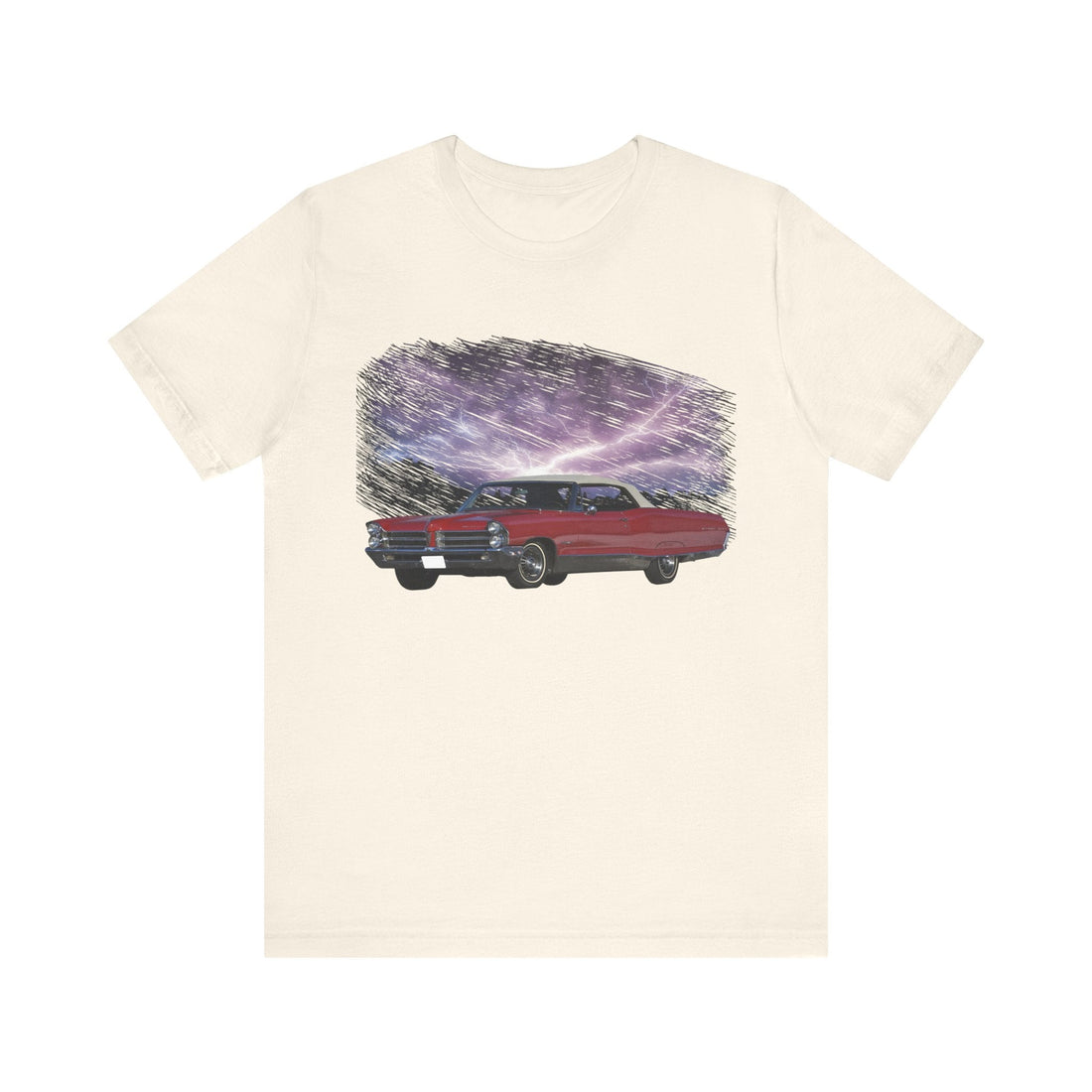 1965 Pontiac Bonneville lightning series short sleeve tee featuring vintage car graphic on black cotton fabric.