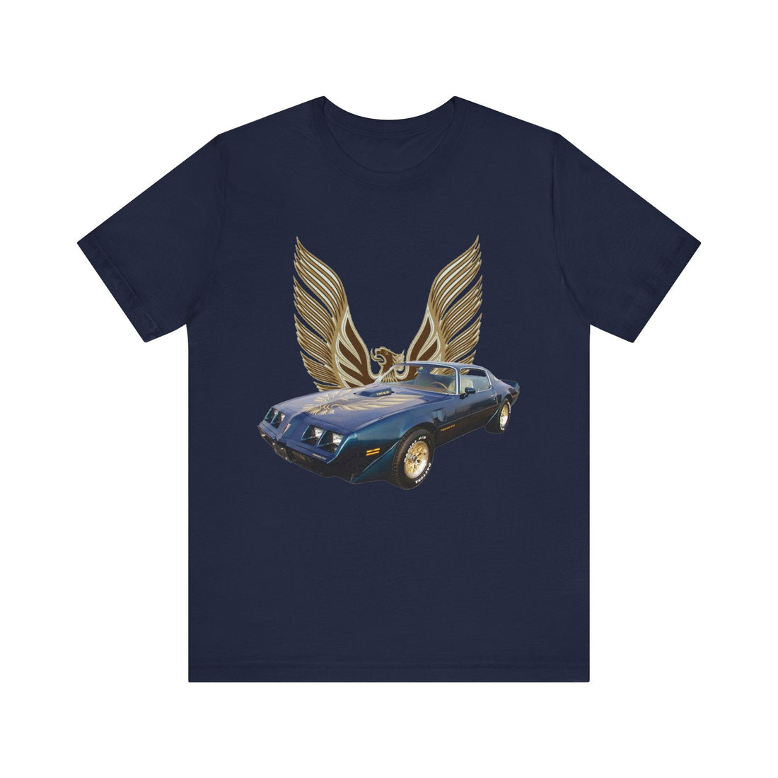 1981 Pontiac Firebird Trans AM short sleeve tee with car graphic design on navy blue fabric.
