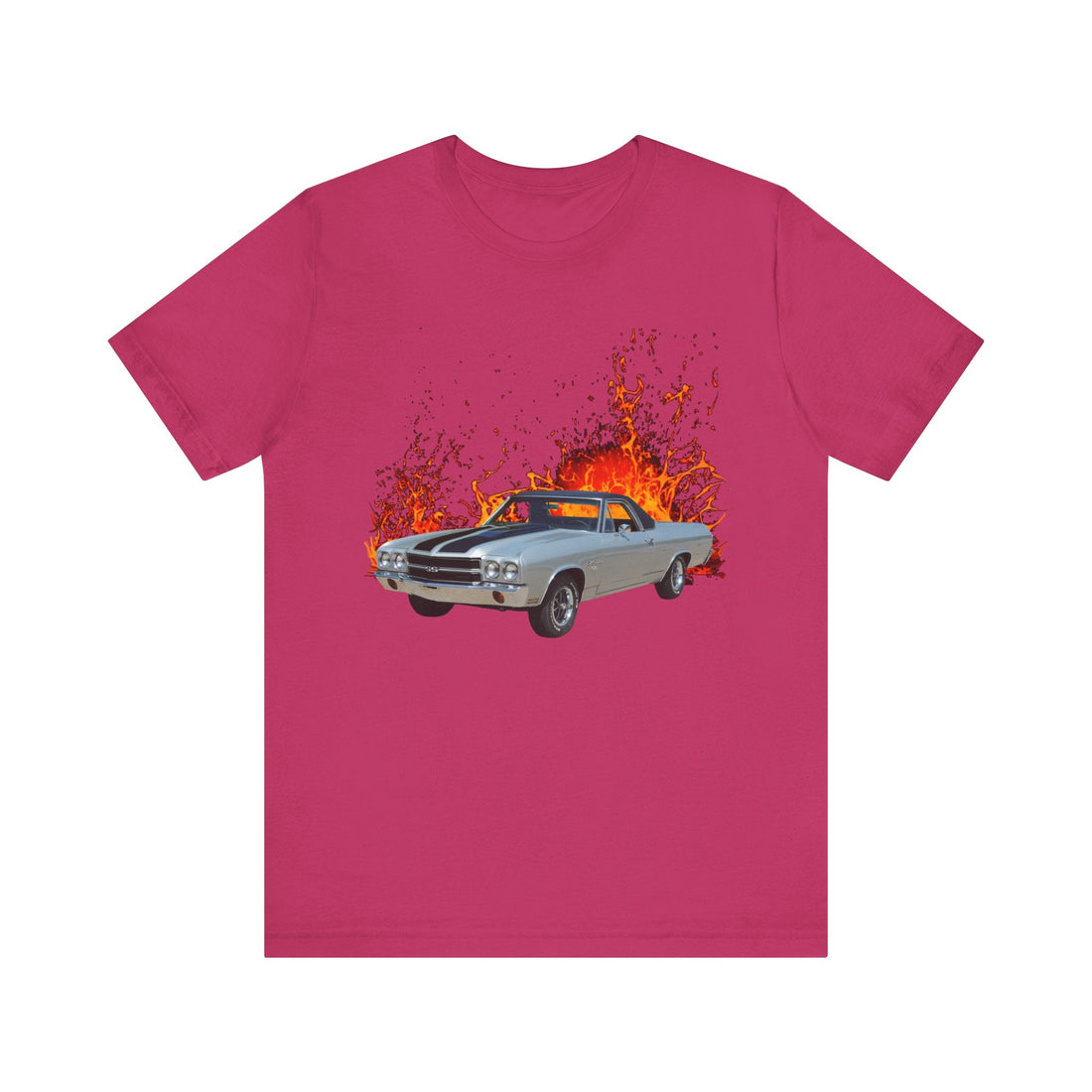 1970 El Camino lava series short sleeve tee with vintage car graphic on black shirt.