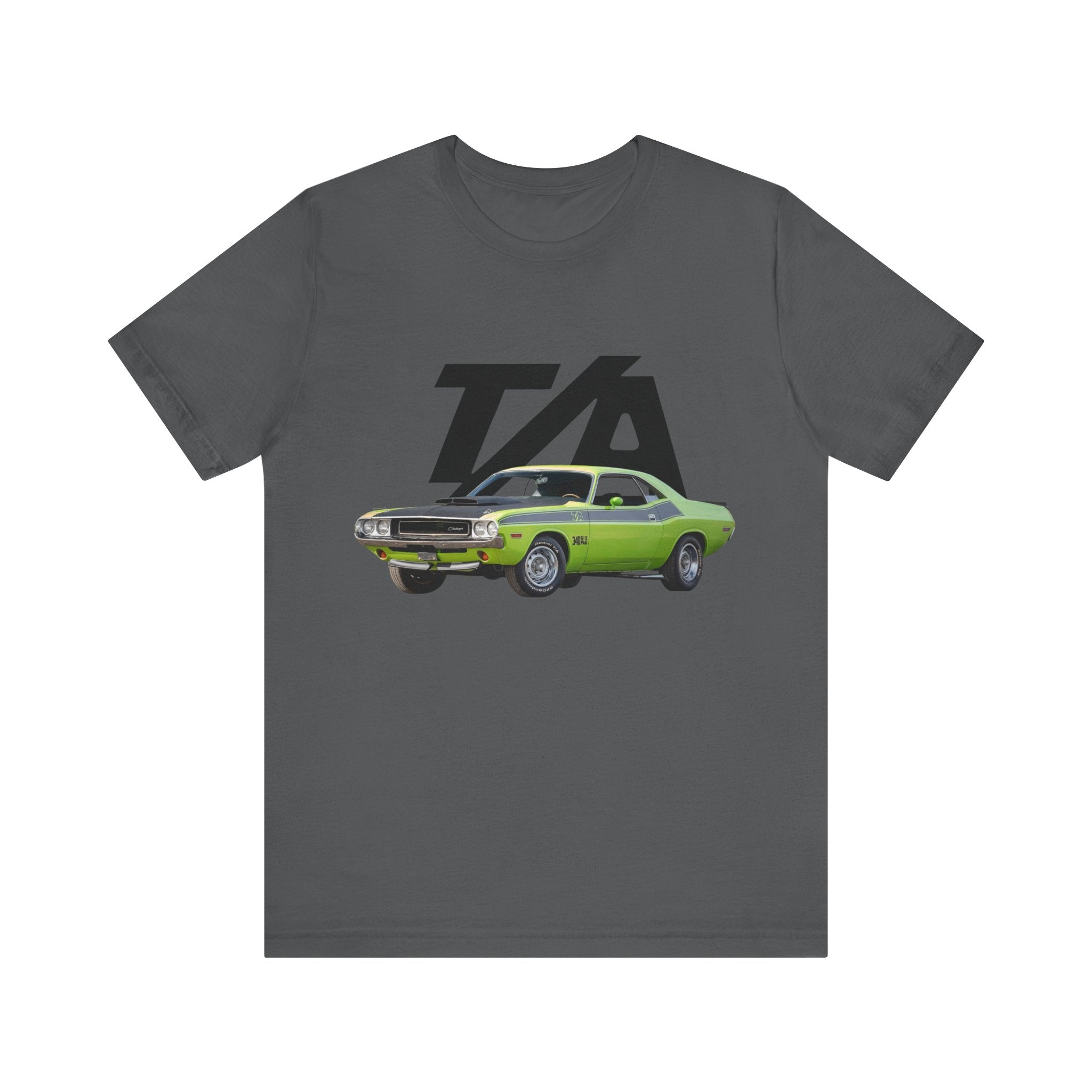 1970 Dodge Challenger TA short sleeve tee with classic car graphic design.