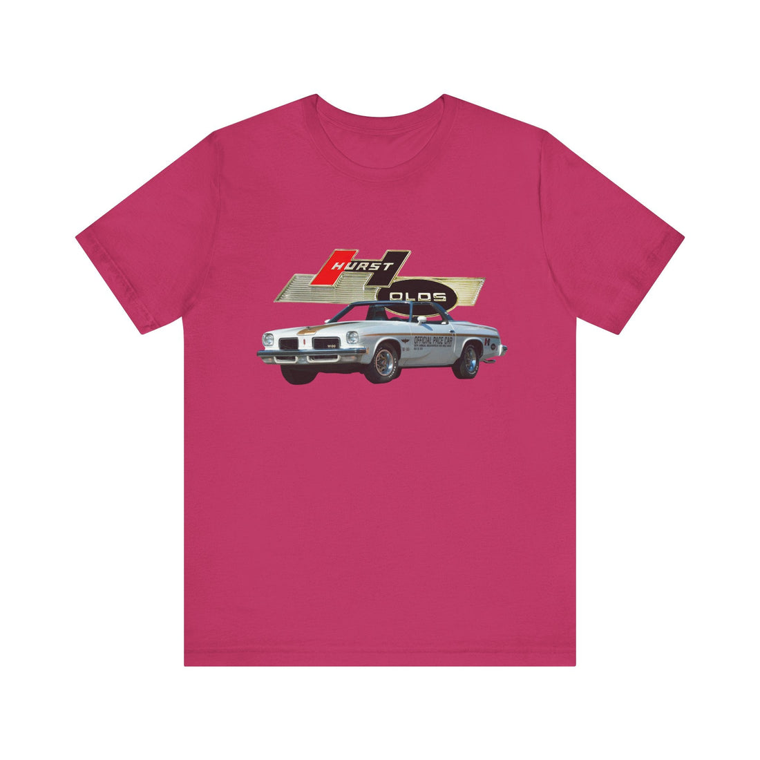 1974 Hurst Olds Pace Car Short Sleeve Tee with vintage car graphic.