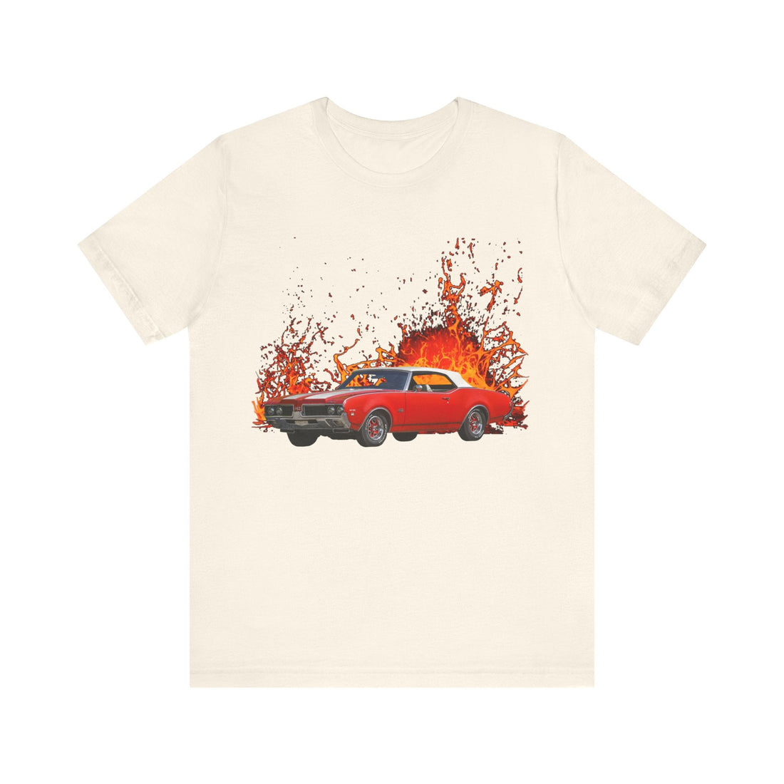1969 Olds Cutlass 442 lava series short sleeve tee with fiery car graphic.
