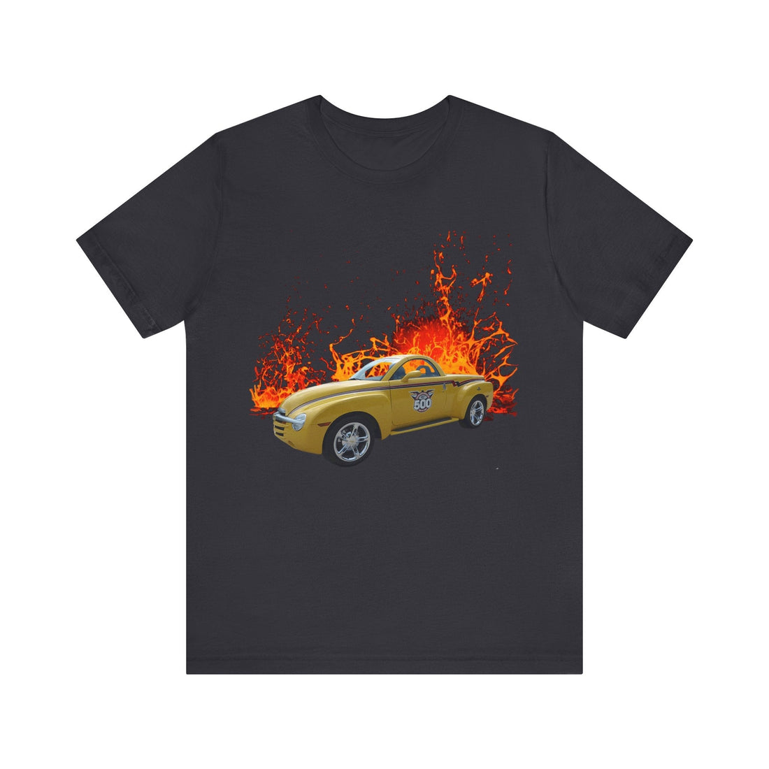 2005 SSR in our lava series short sleeve tee, featuring a yellow car graphic against a fiery backdrop on a black, lightweight cotton shirt.