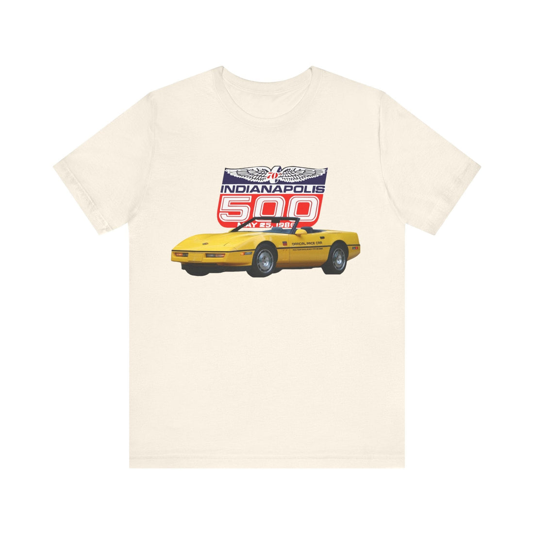 1986 Chevy Corvette Pace Car short sleeve tee with Indianapolis 500 design, soft cotton fabric.