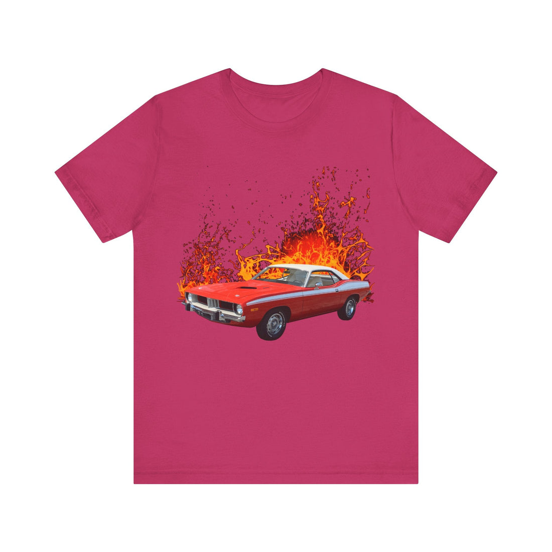 1974 Plymouth Barracuda lava series short sleeve tee featuring classic red car design.