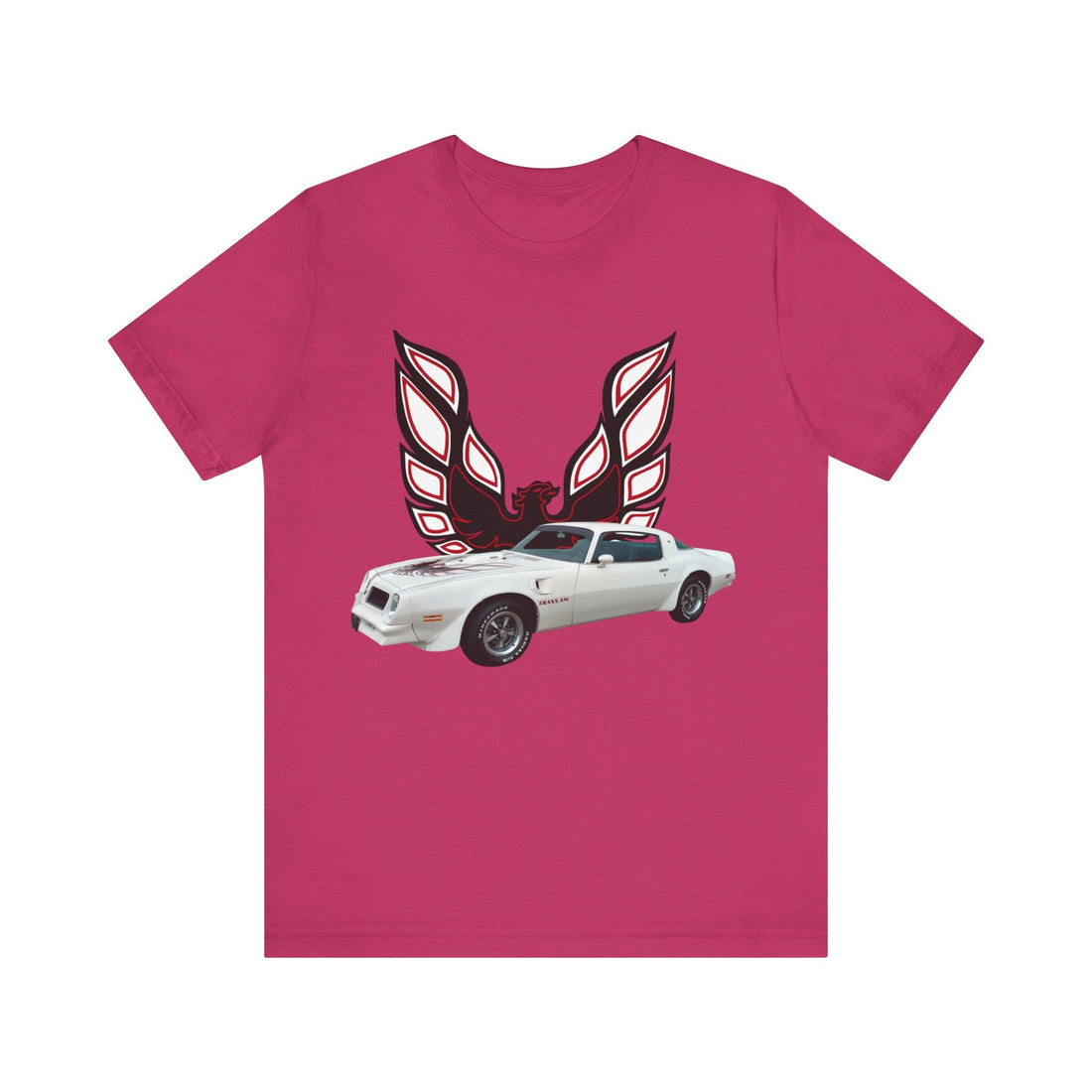 1976 Pontiac Firebird Trans AM short sleeve tee in navy featuring car graphic design.