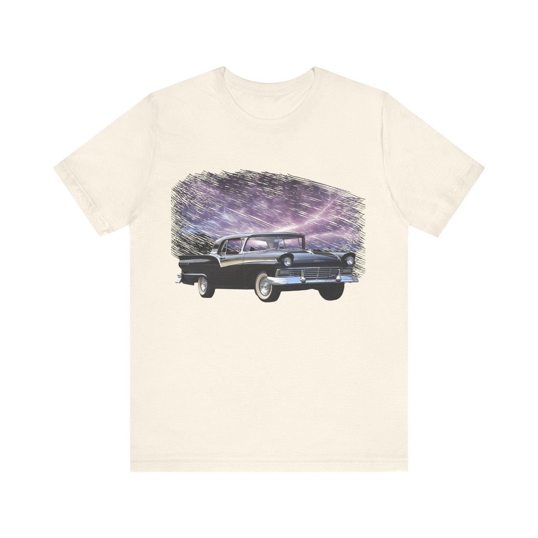 1957 Fairlane lightning series short sleeve tee with car graphic.