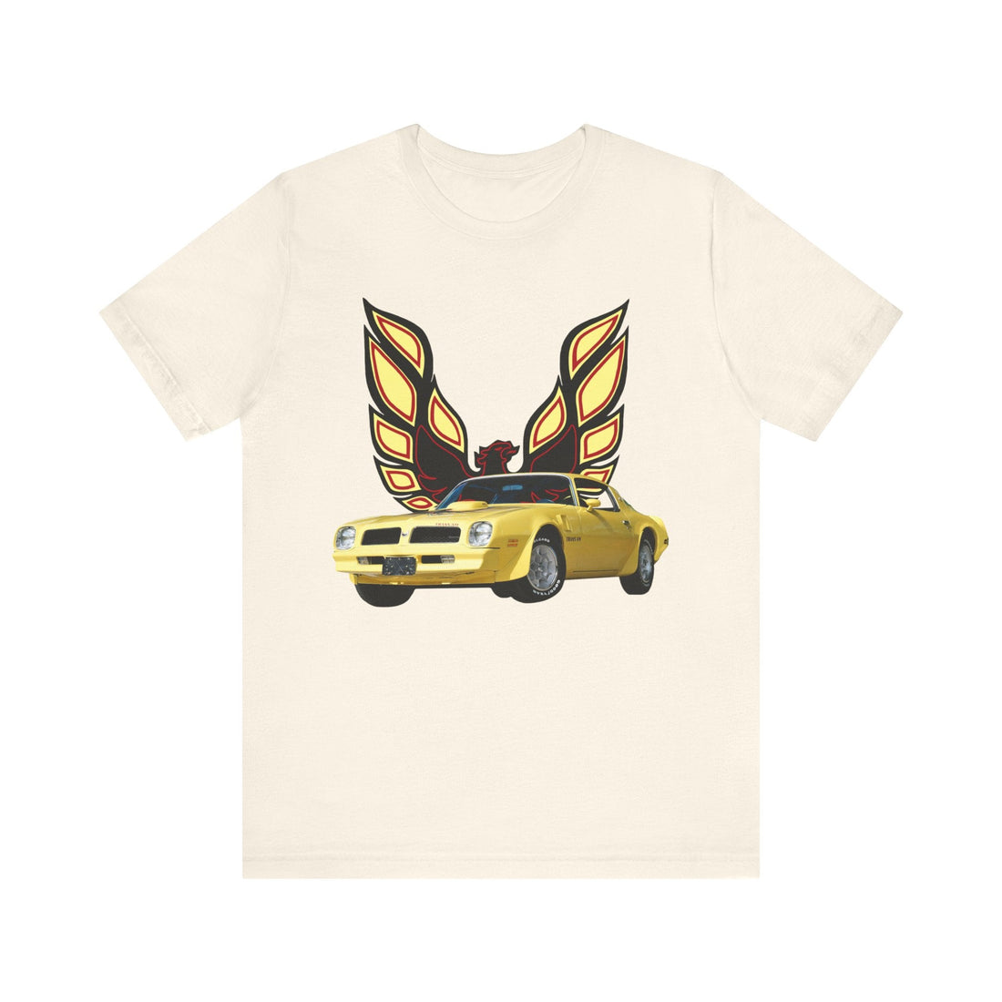 1976 Pontiac Firebird Trans AM Short Sleeve Tshirt with graphic print, black fabric.