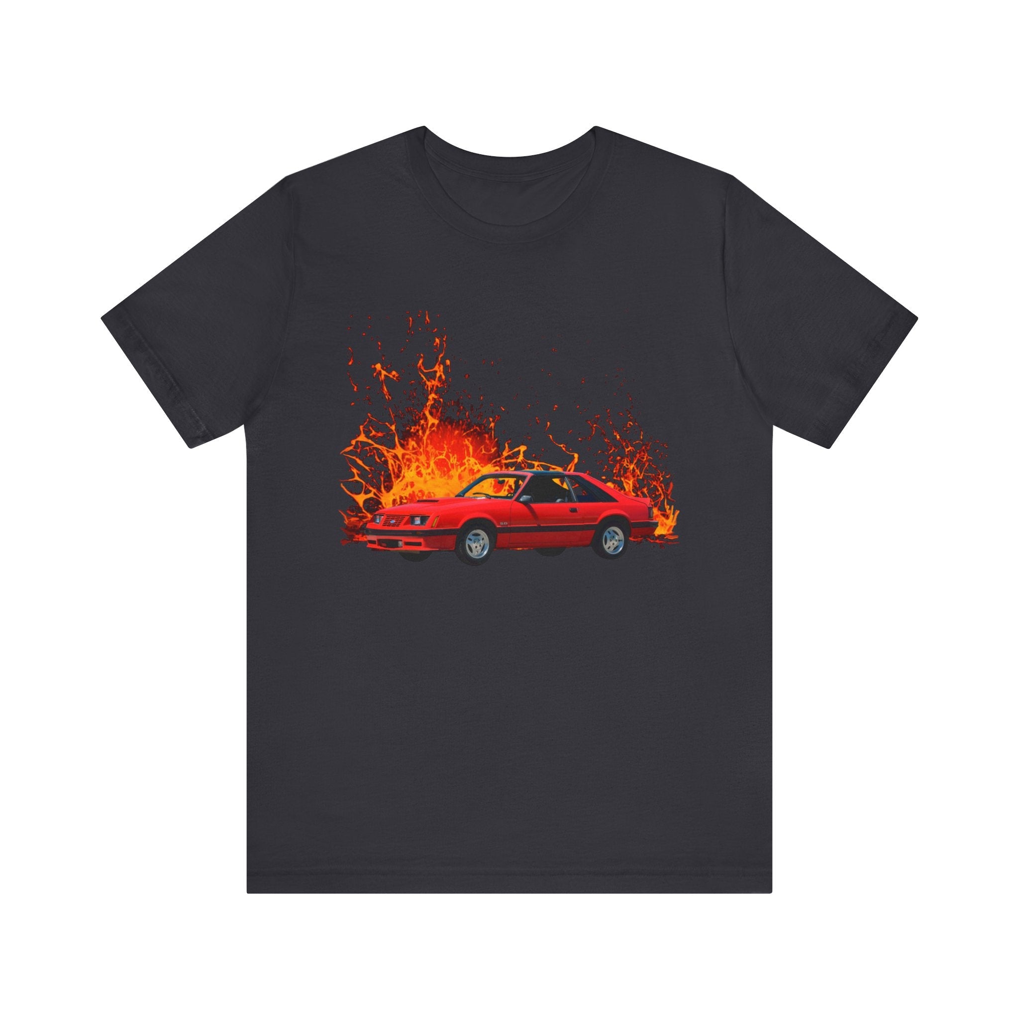 1982 Mustang GT lava series short sleeve tee with fiery design.