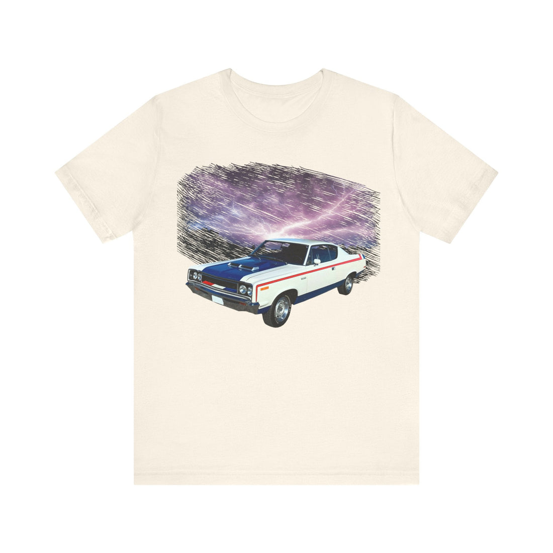 1970 AMC Rebel The Machine short sleeve tee with lightning design, unisex fit.