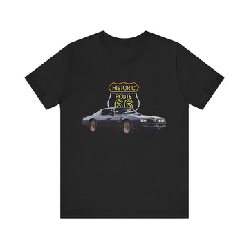 1977 Pontiac Firebird Trans AM in our Route 66 in the dark series Short Sleeve T-Shirt