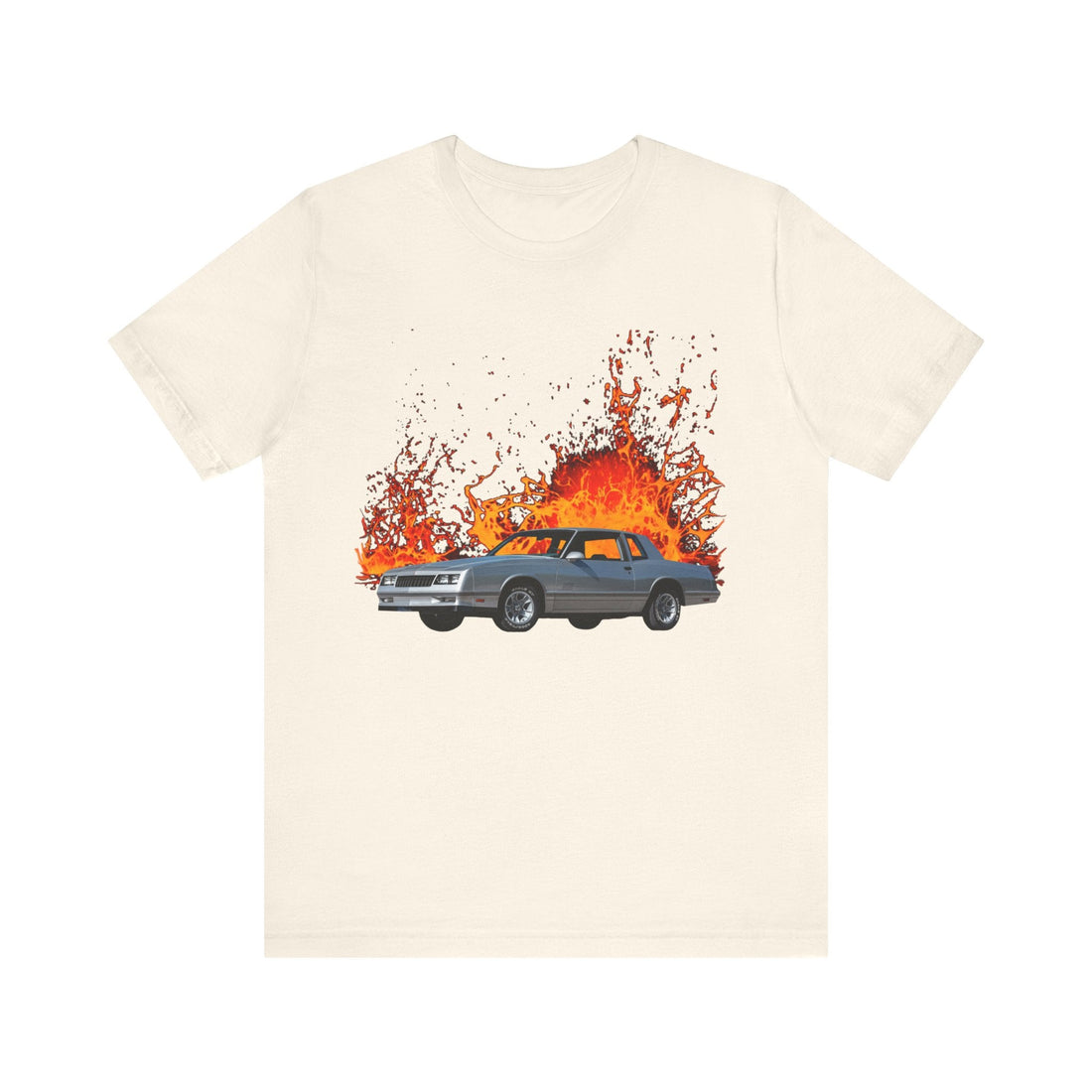 1987 Monte Carlo SS lava series short sleeve tee featuring flaming car graphic.