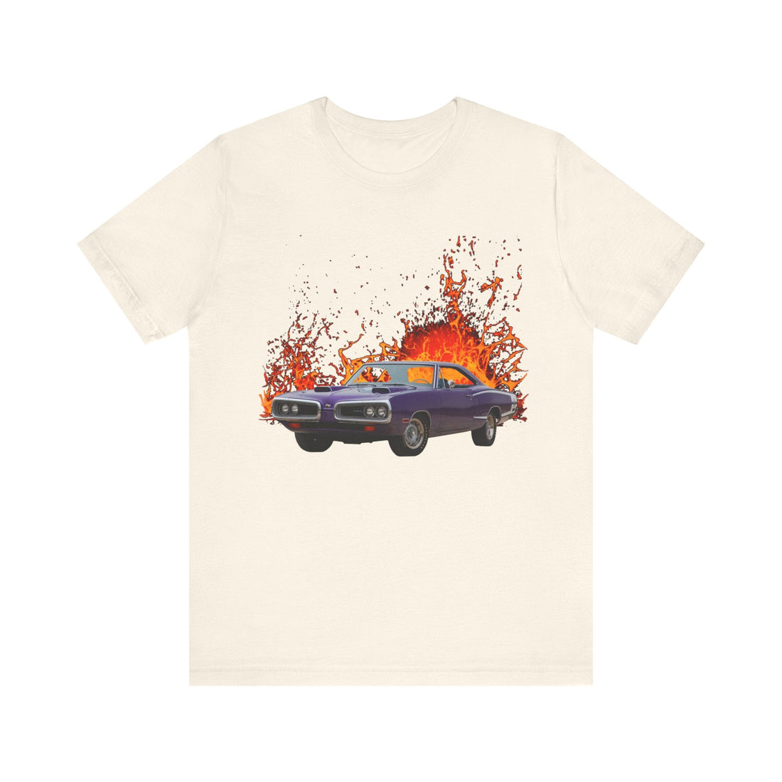 1970 Super Bee in lava series short sleeve tee with vibrant car and lava design.