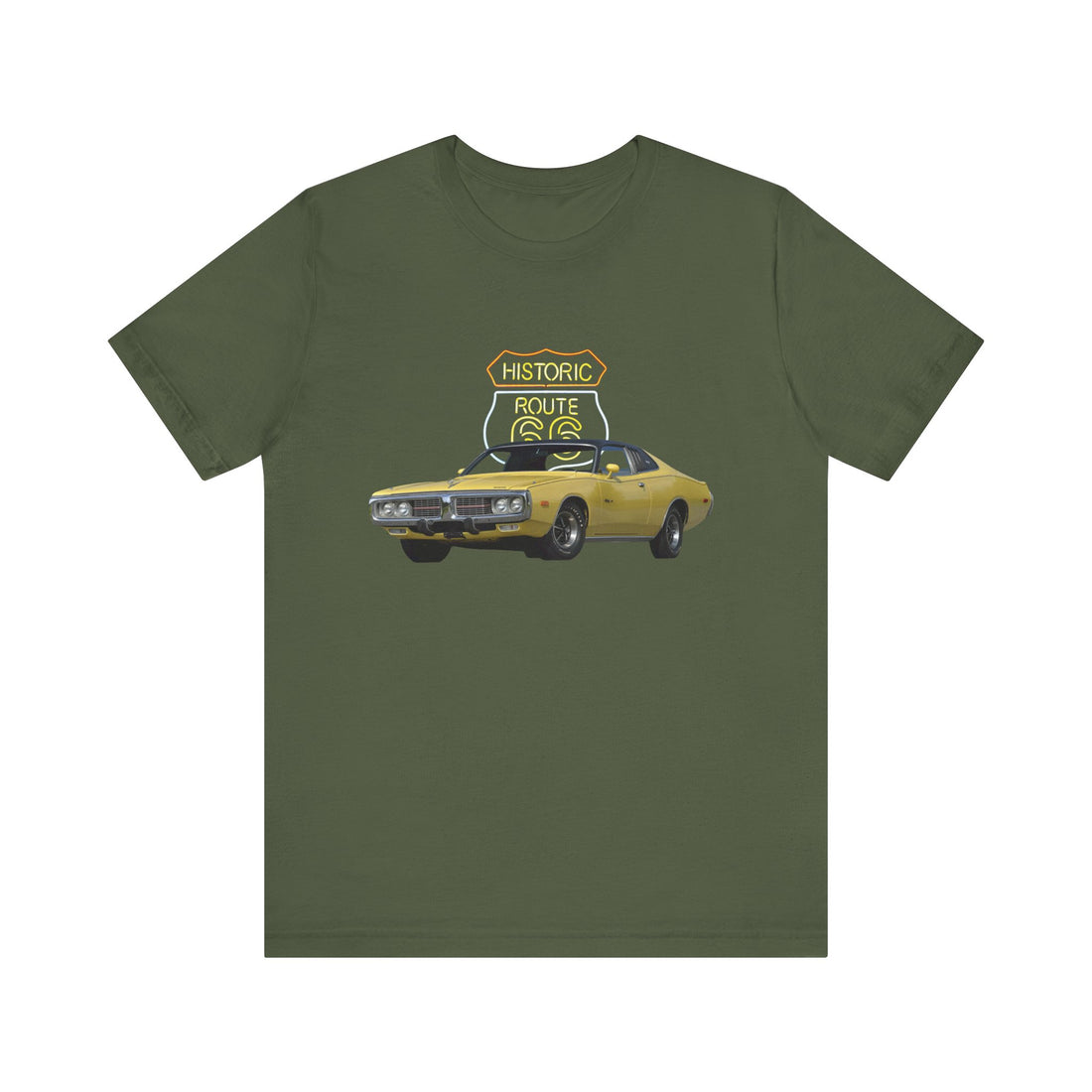 1973 Dodge Charger in our Route 66 in the dark series Short Sleeve T-Shirt