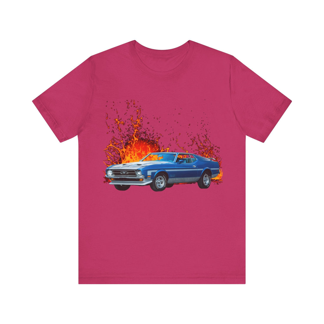 1973 Mustang Mach 1 lava series short sleeve tee with blue car graphic.