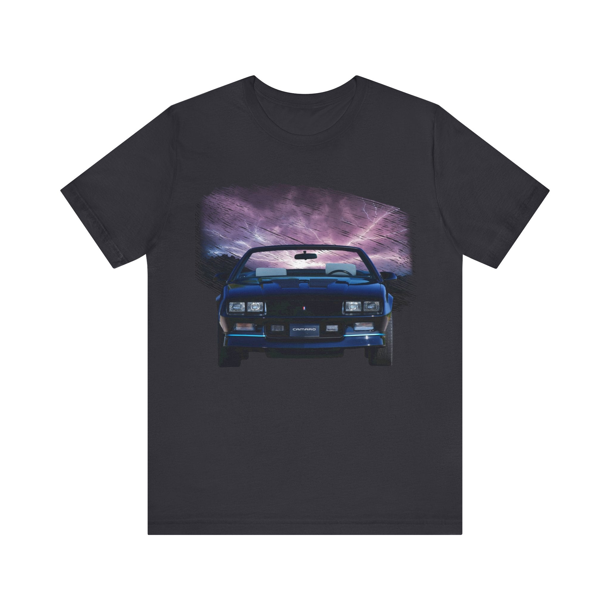 1988 Camaro IROC-Z Z28 lightning series short sleeve tee with car graphic design.