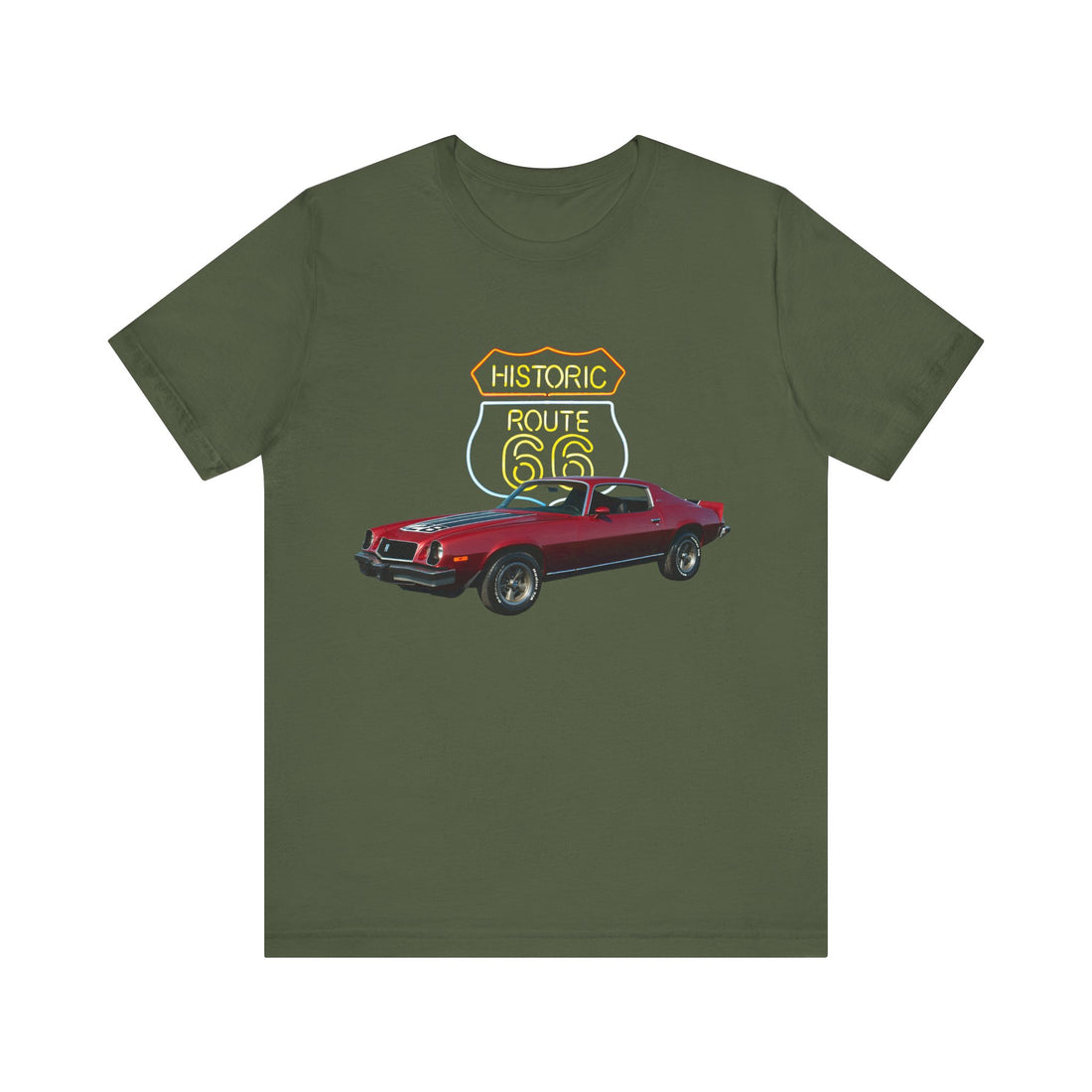 1974 Chevy Camaro Z28 in our Route 66 in the dark series Short Sleeve T-Shirt