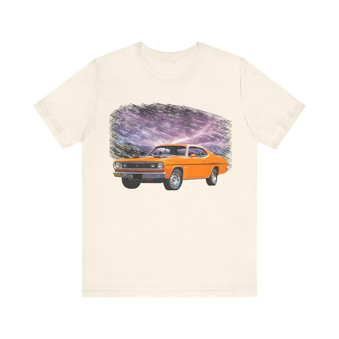 1970 Duster lightning series short sleeve tee with classic car design on front.