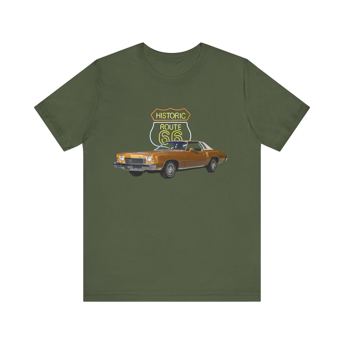 1973 Chevy Monte Carlo in our Route 66 in the dark series Short Sleeve T-Shirt