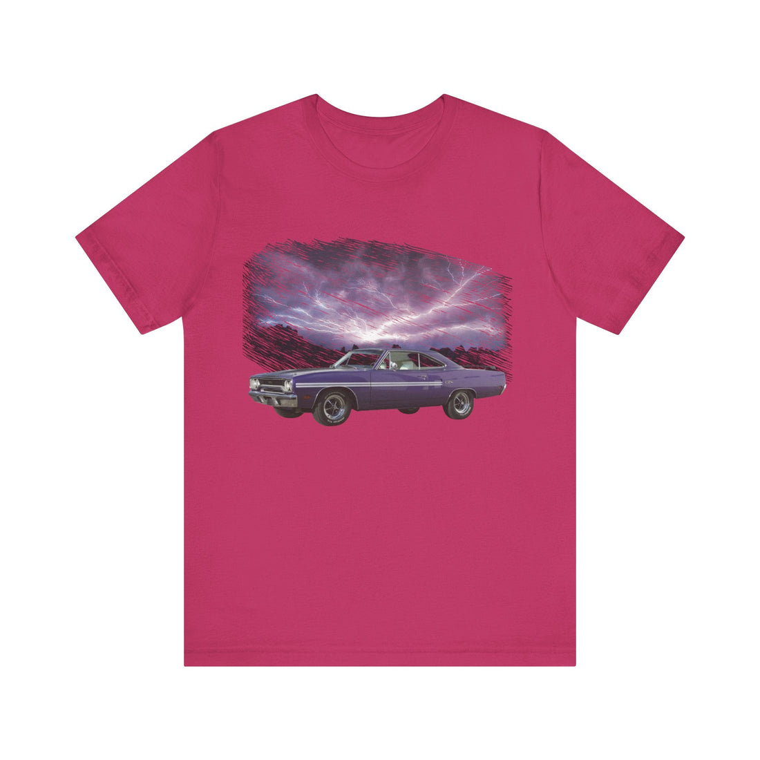 1970 GTX lightning series short sleeve tee with car graphic design on a soft cotton fabric.