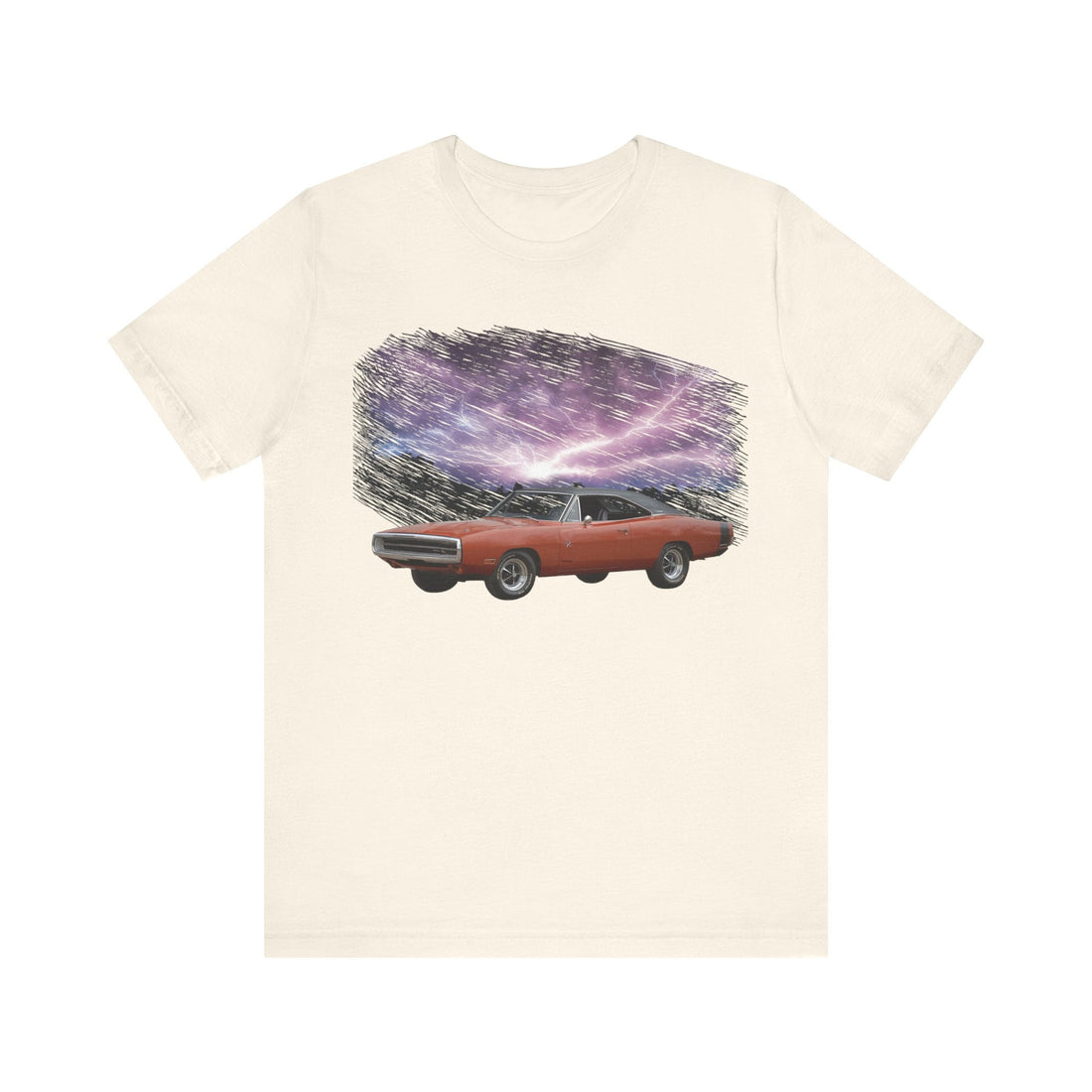 1970 Charger RT lightning series short sleeve tee with red car print on black background.