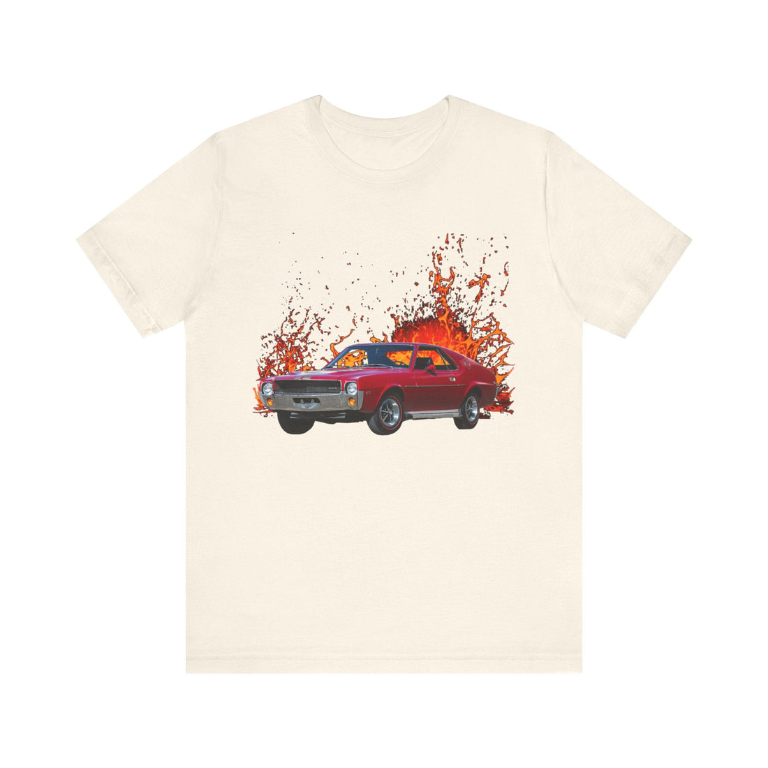 1969 AMX in lava series short sleeve tee with vibrant car design, lightweight cotton fabric.