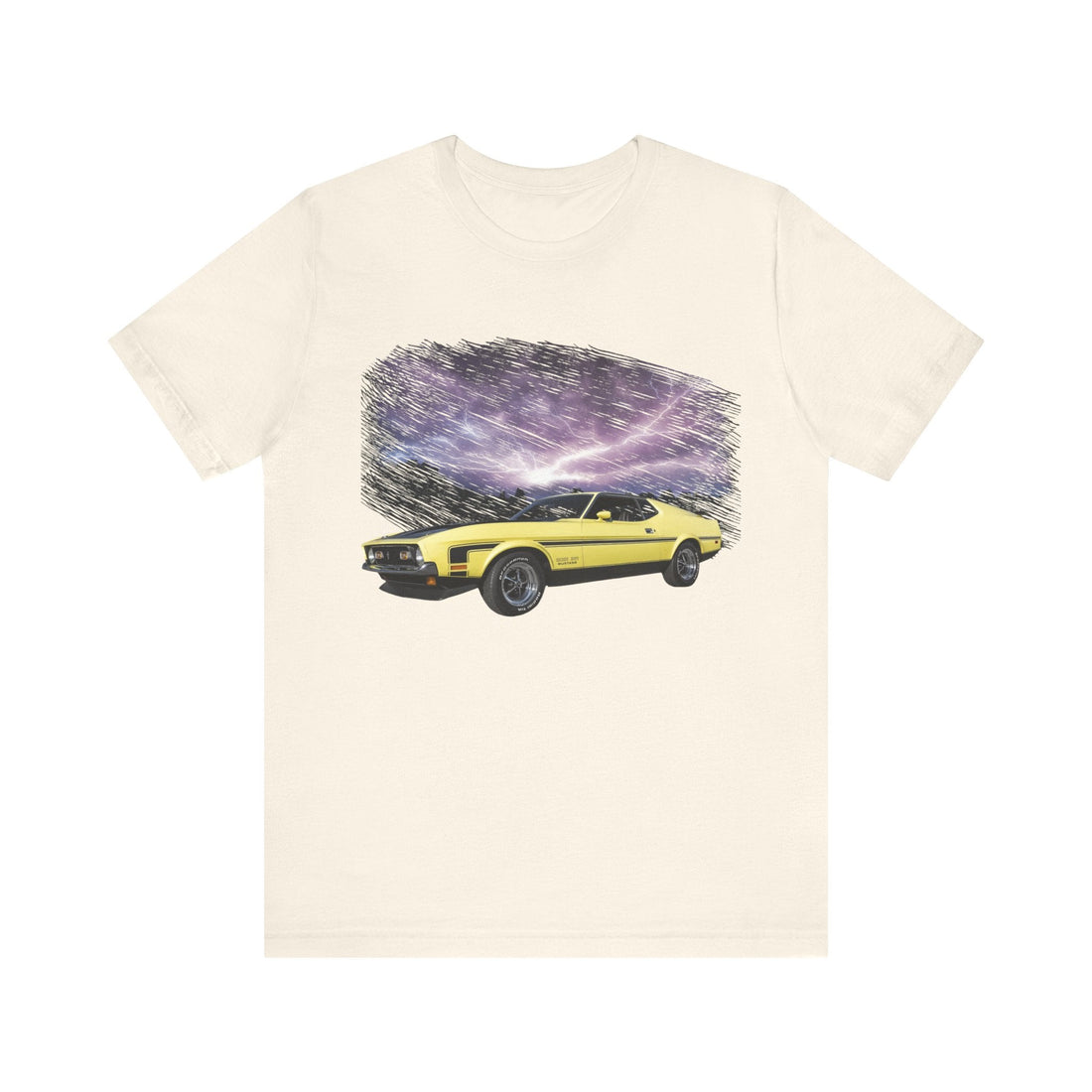 1971 Mustang lightning series short sleeve tee with yellow car and stormy sky design.