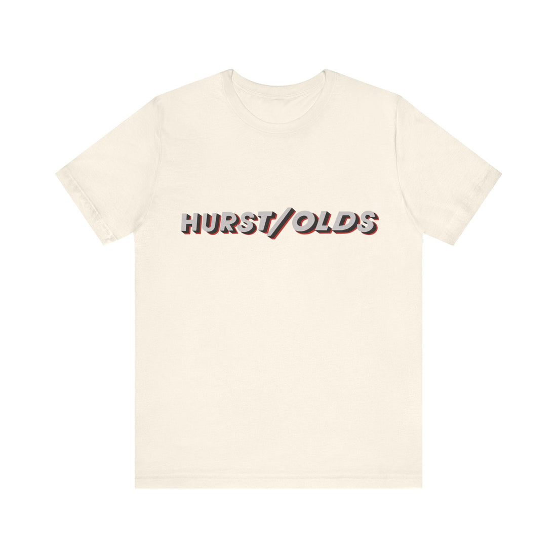 1984 style Hurst Olds Cutlass 442 logo short sleeve tee in black with ribbed knit collar.