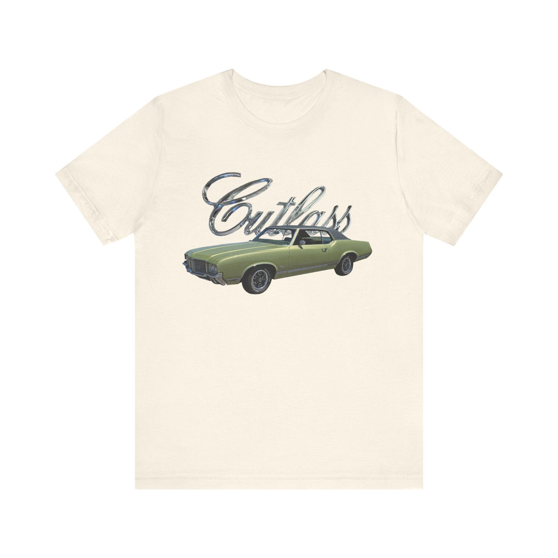 1971 Olds Cutlass Short Sleeve Tee with green vintage car design, soft cotton, unisex fit.