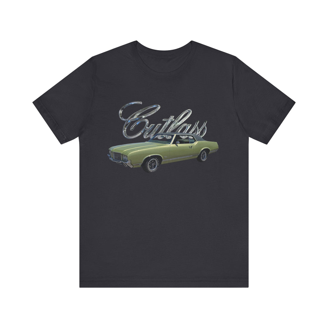 1971 Olds Cutlass Short Sleeve Tee with green vintage car design, soft cotton, unisex fit.