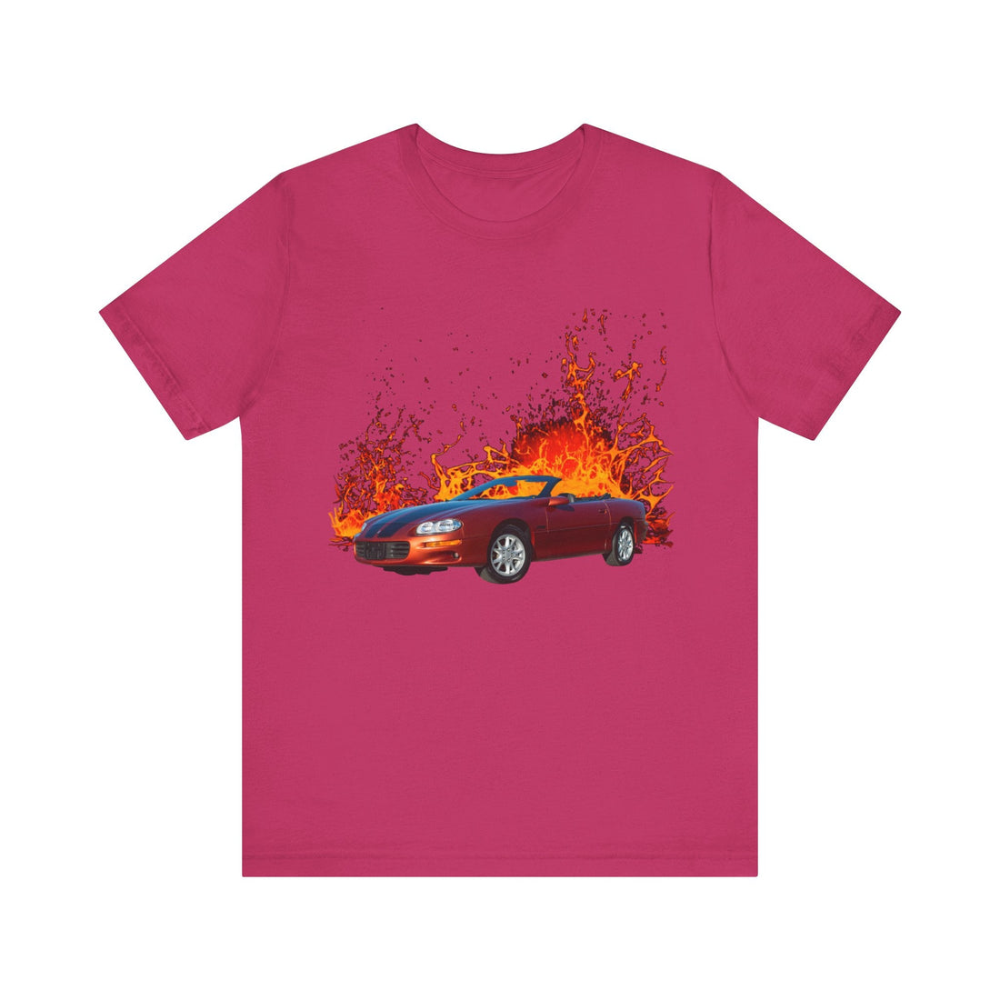2002 Chevy Camaro Z28 lava series short sleeve T-shirt with fiery background design.