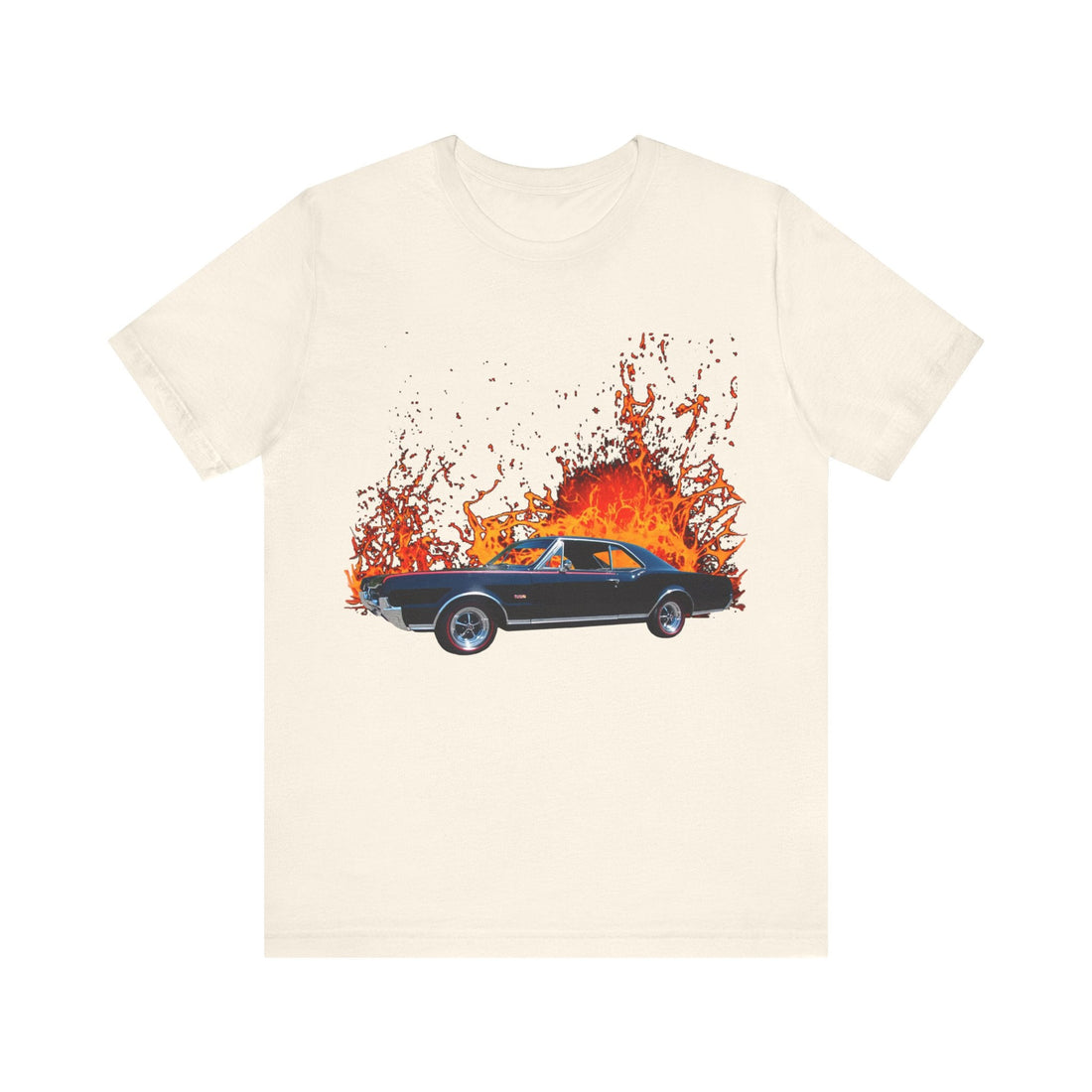 1967 Olds Cutlass 442 lava series short sleeve tee with flaming car design.