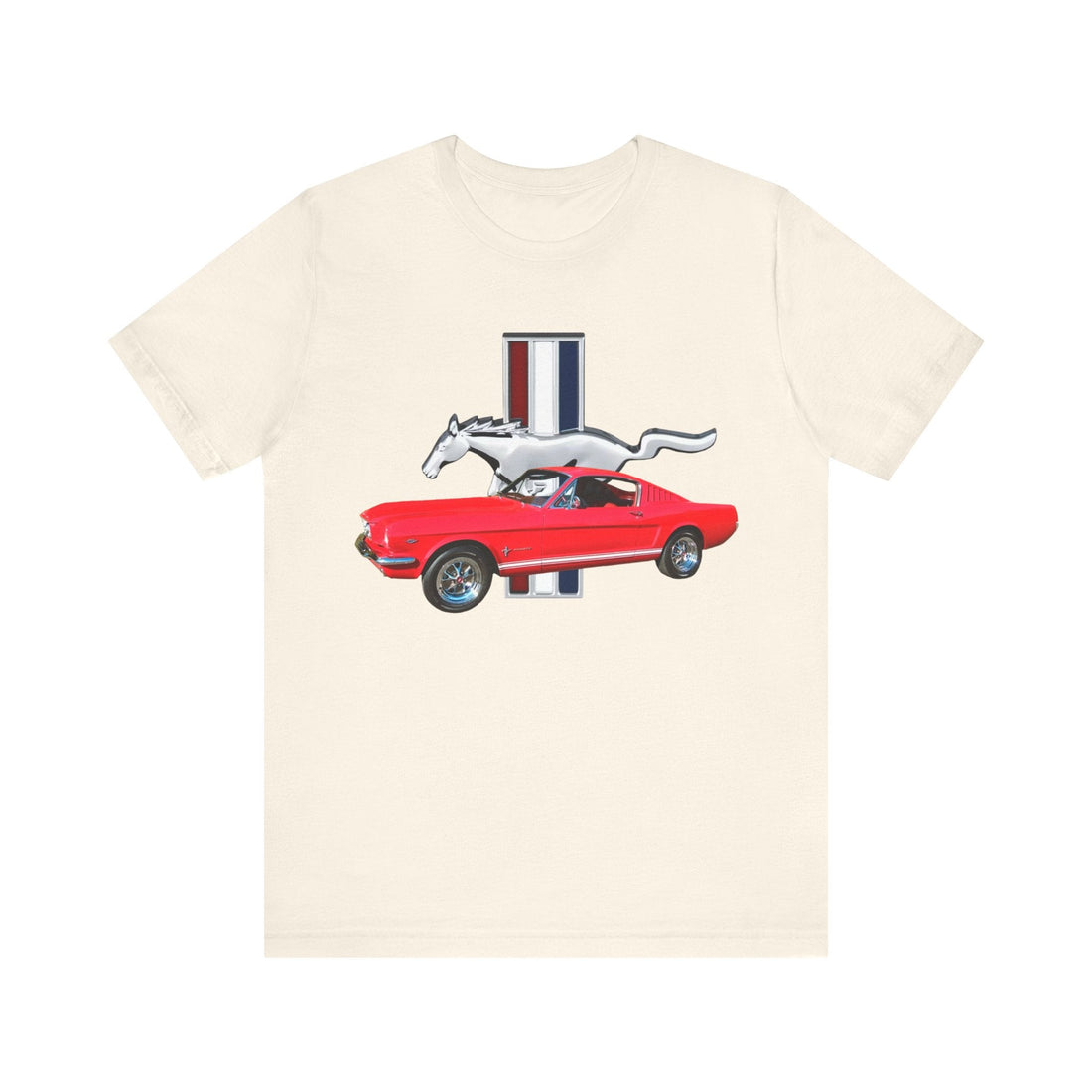 1966 Ford Mustang Fastback Short Sleeve Tee with red car graphic on black background.