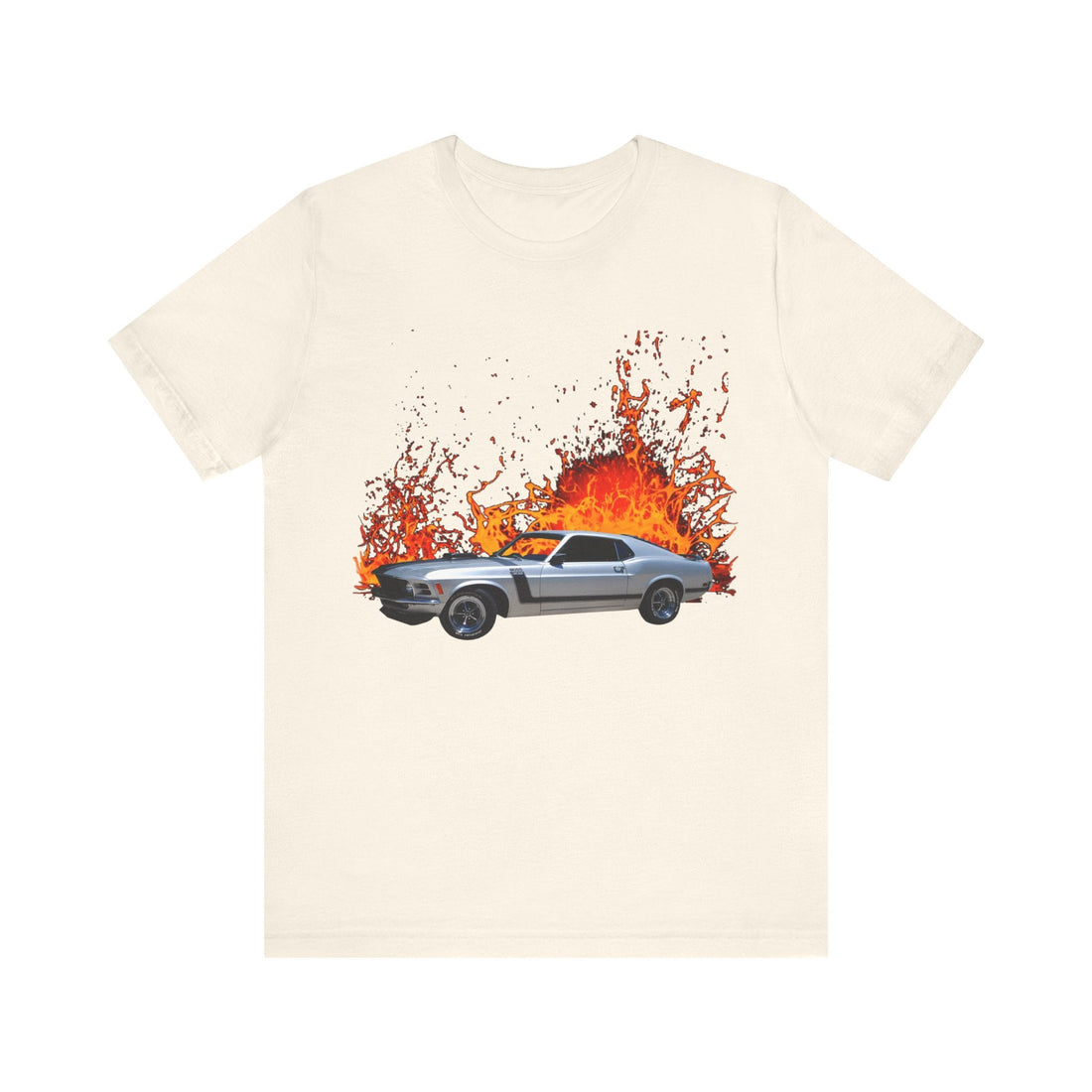 1970 Ford Boss Mustang lava series short sleeve tee with car design on front.