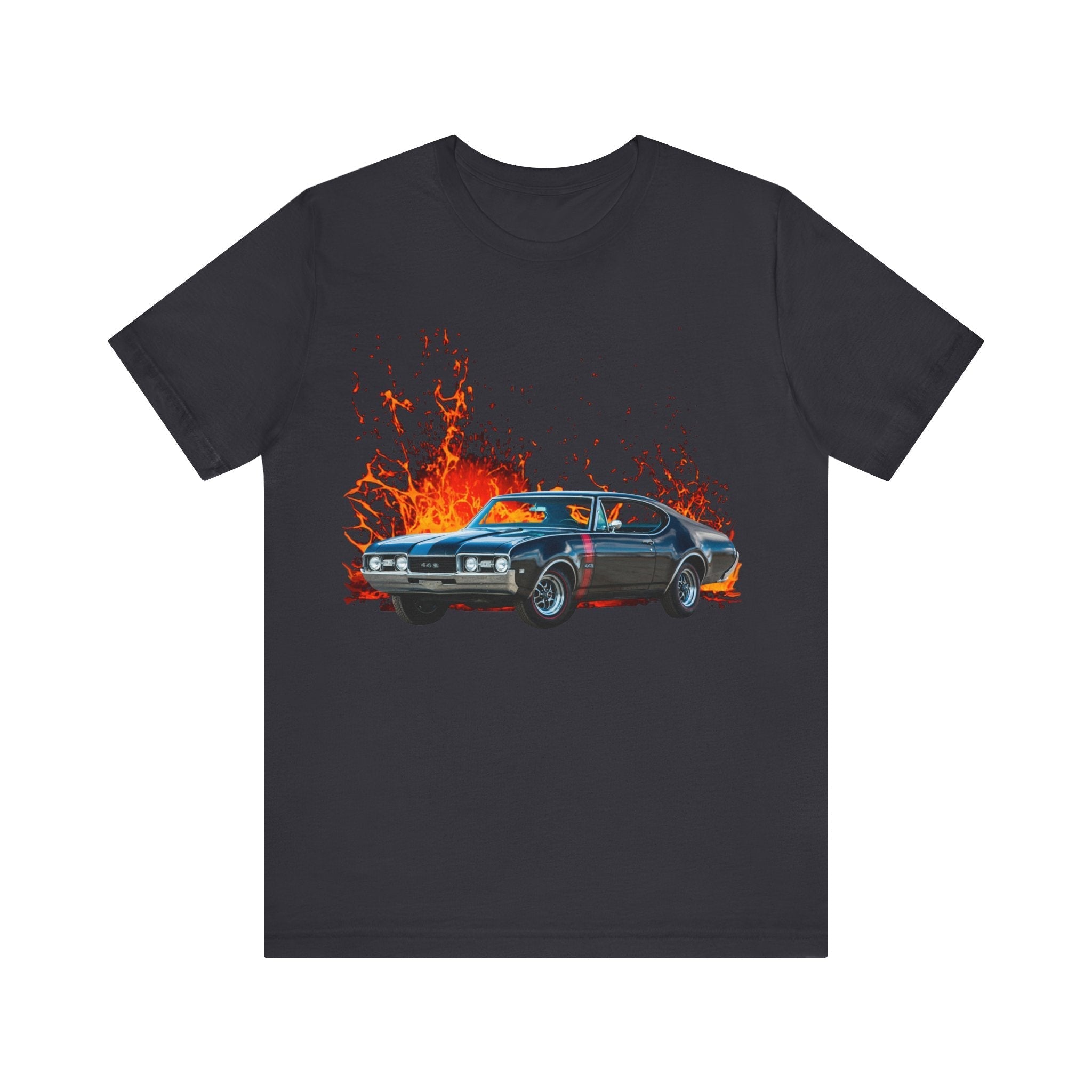 1968 Olds 442 short sleeve tee with classic car design, soft cotton fabric.