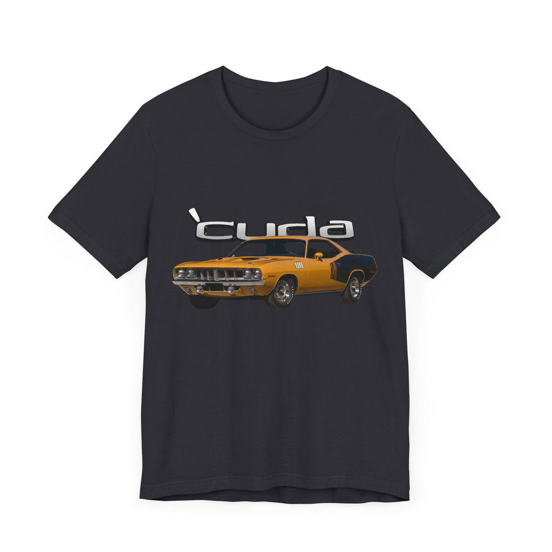 1971 Plymouth Cuda Short Sleeve Tee with vintage car graphic on black fabric.