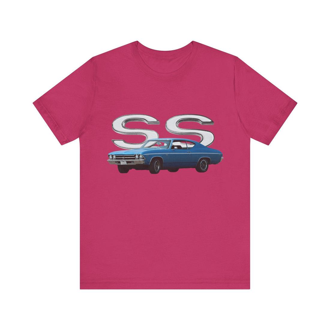 1969 Chevy Chevelle SS short sleeve tee with classic car illustration on light fabric.