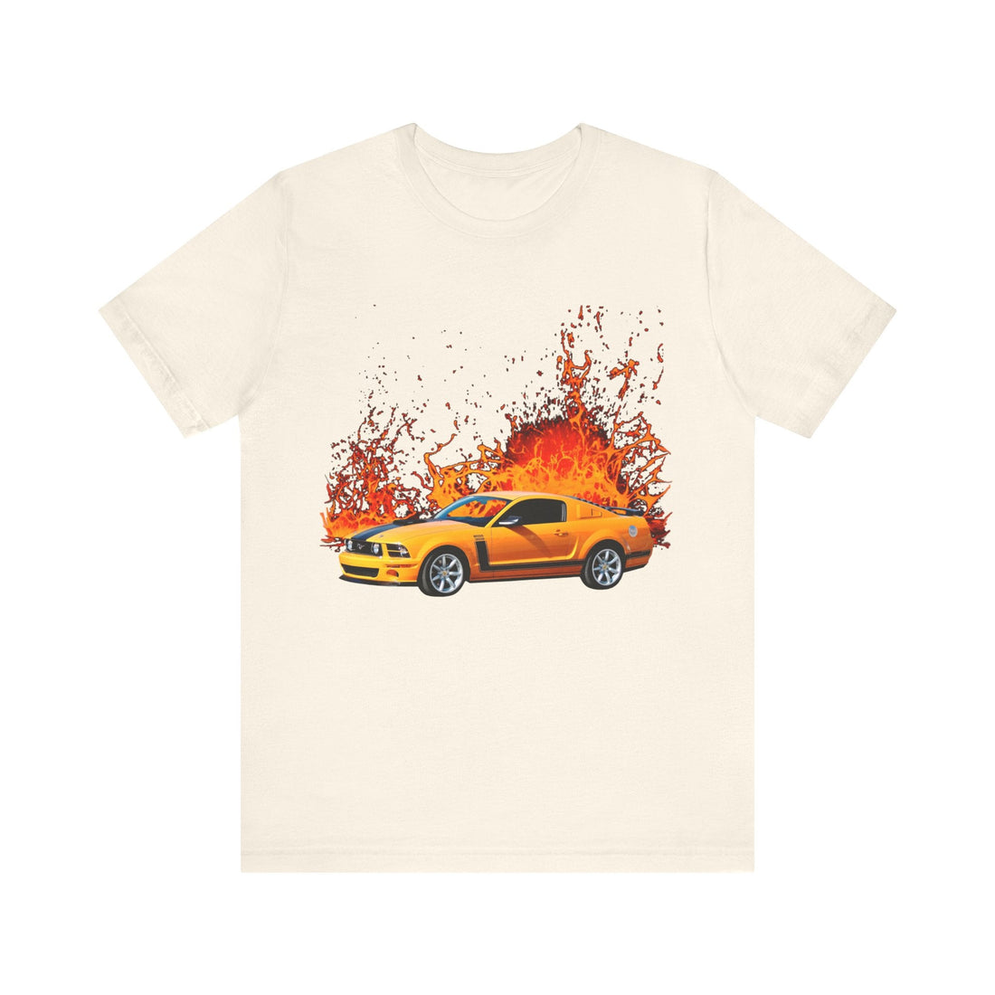 2007 Ford Boss Mustang lava series short sleeve tee with vibrant car design on front.