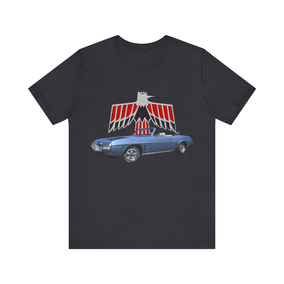 1969 Pontiac Firebird Short Sleeve Tee featuring classic car graphic on black shirt.