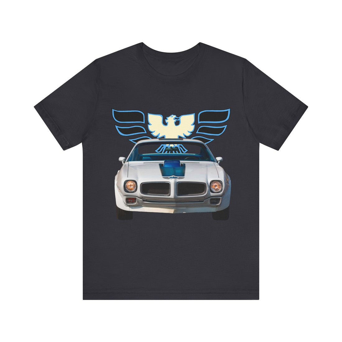 1970 Pontiac Firebird Trans AM short sleeve tee with car graphic design.