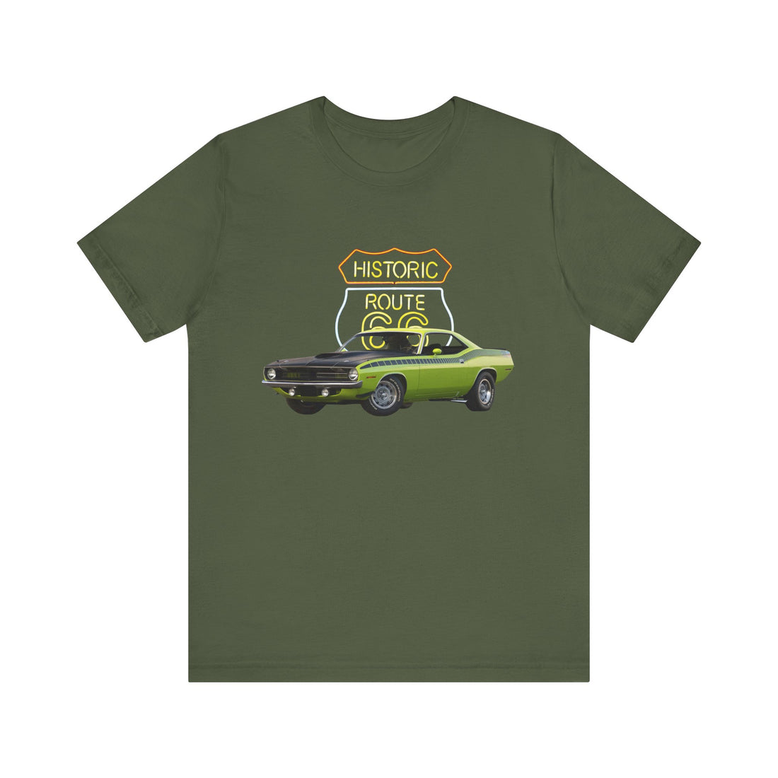 1970 Plymouth AAR Cuda in our Route 66 in the dark series Short Sleeve T-Shirt