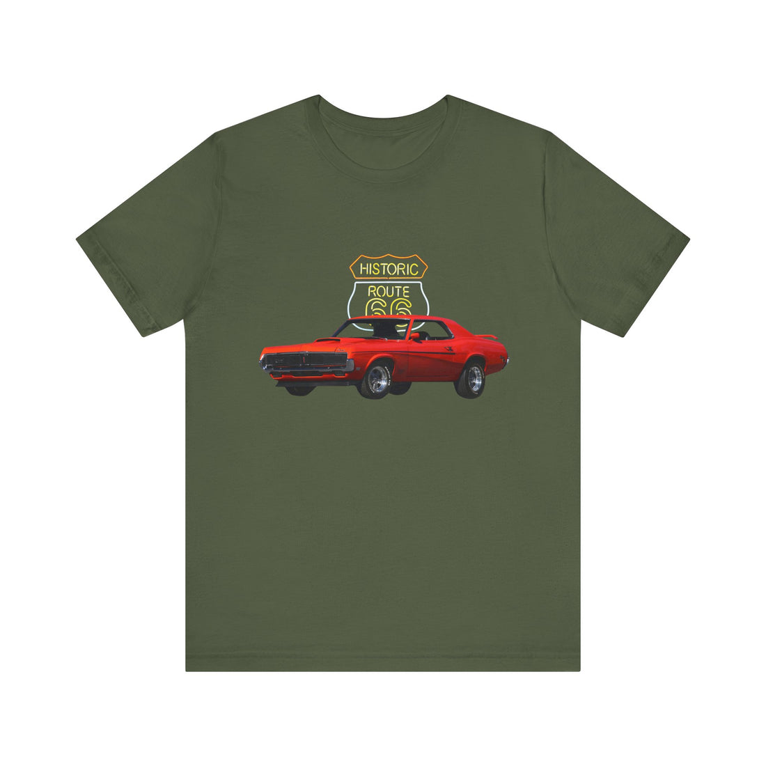1969 Mercury Cougar Eliminator in our Route 66 in the dark series Short Sleeve T-Shirt