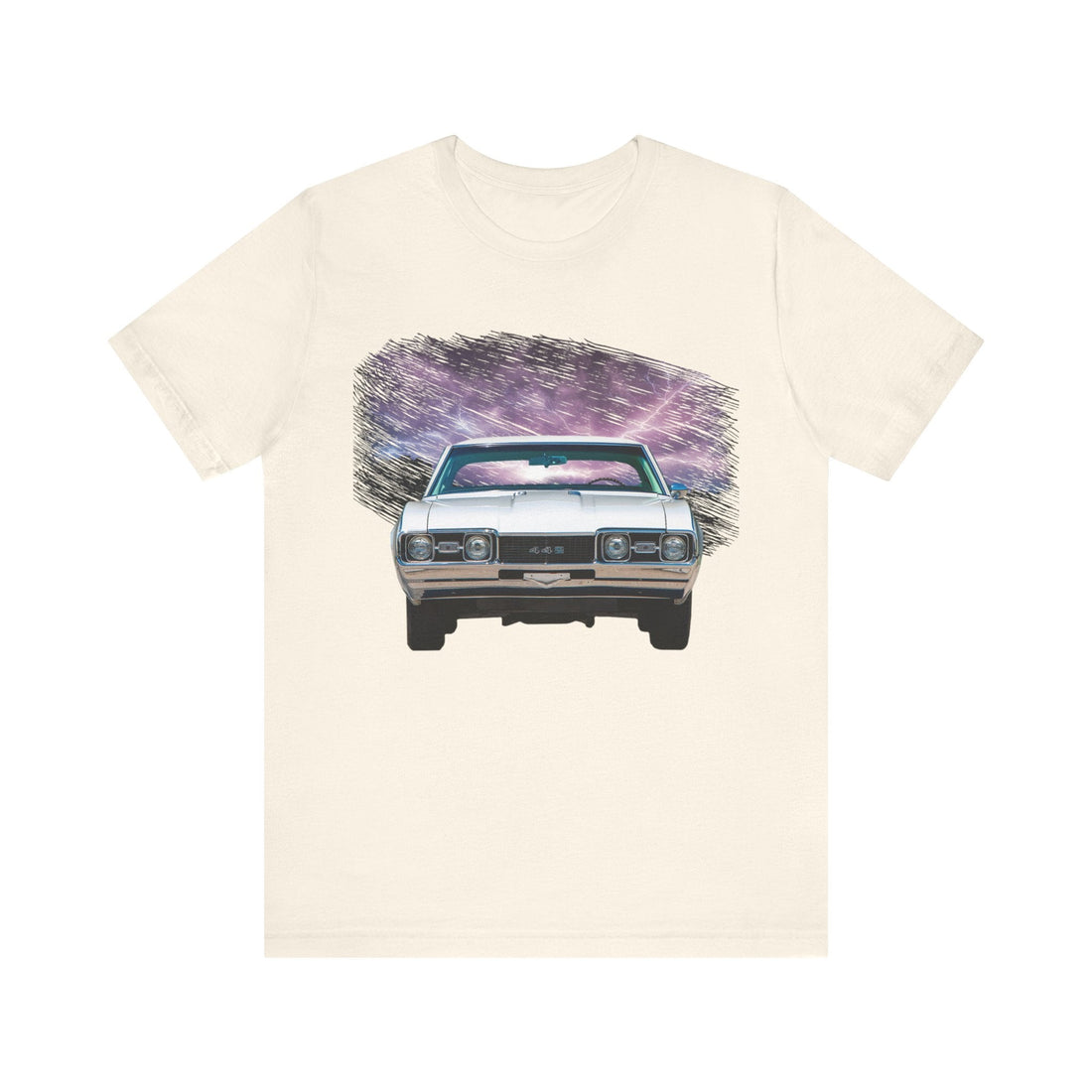 1968 Olds Cutlass 442 lightning series short sleeve tee with vintage car design on black fabric.