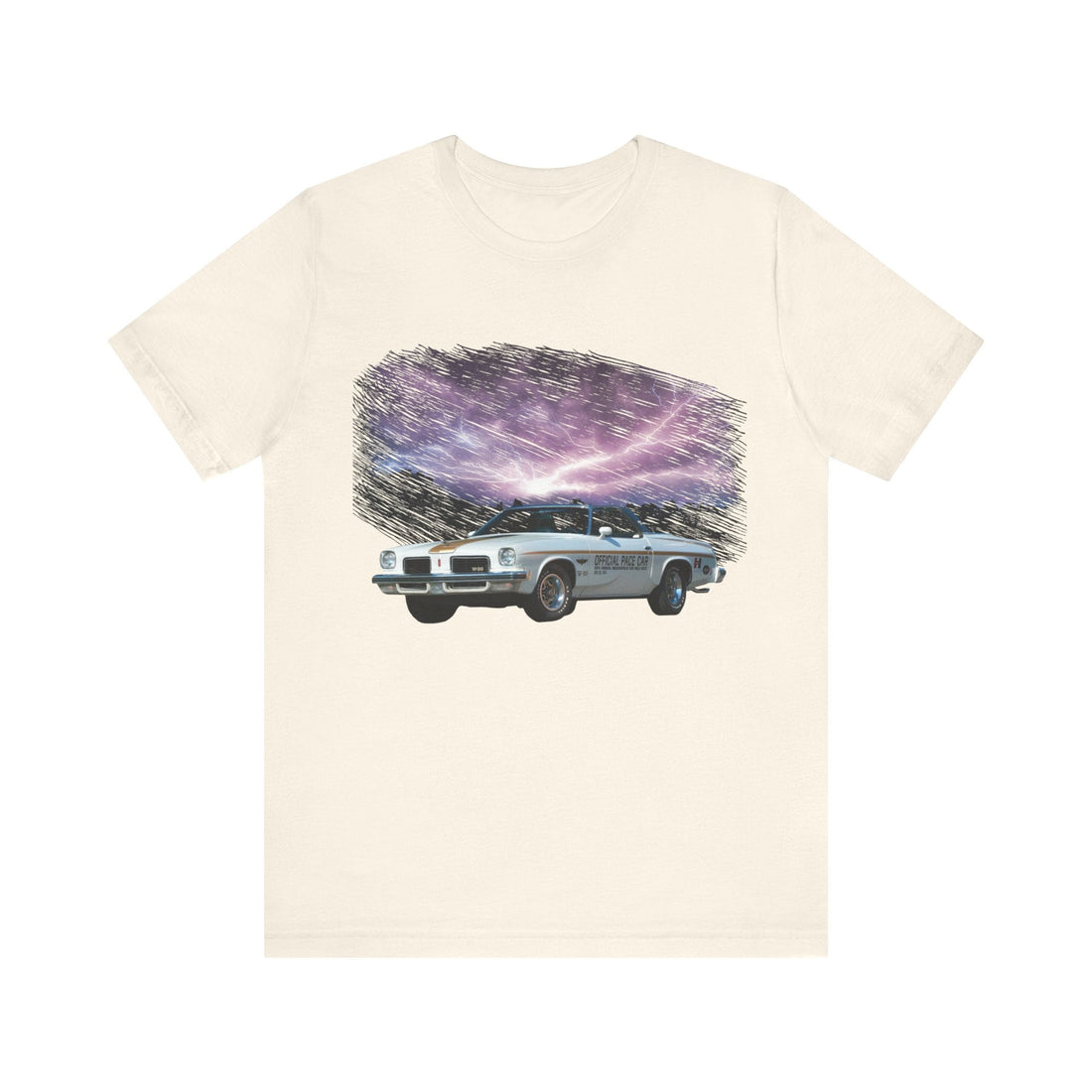 1974 Hurst Olds Pace Car lightning series short sleeve tee with vintage car design.