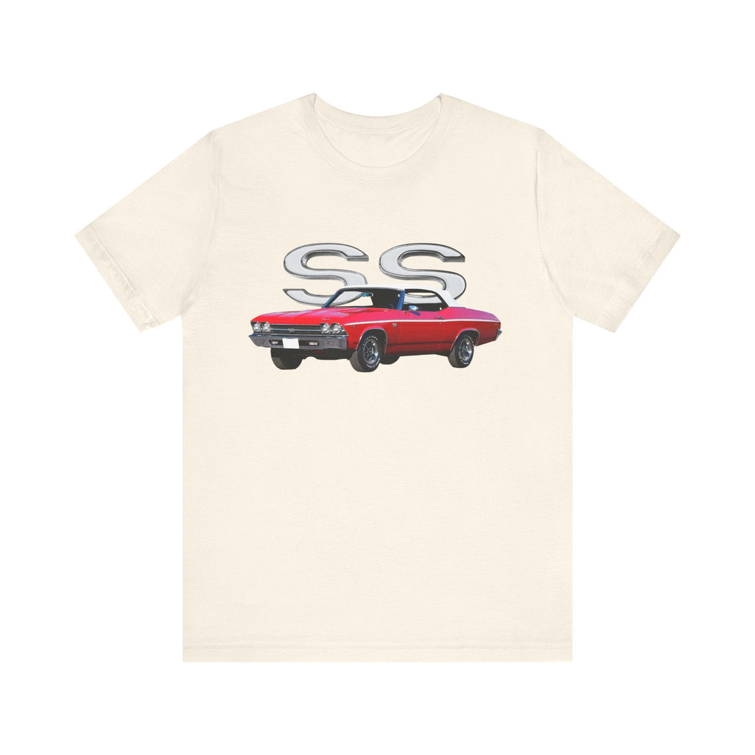 1969 Chevy Chevelle SS Short Sleeve Tee with red car graphic and SS logo, soft cotton fabric.