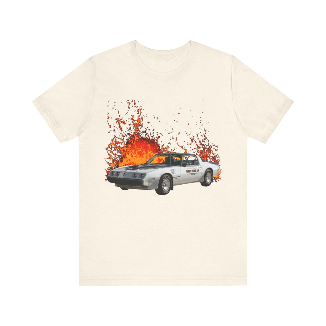 1980 Pontiac Turbo Trans AM Pace Car lava series short sleeve tee with vibrant fire design.