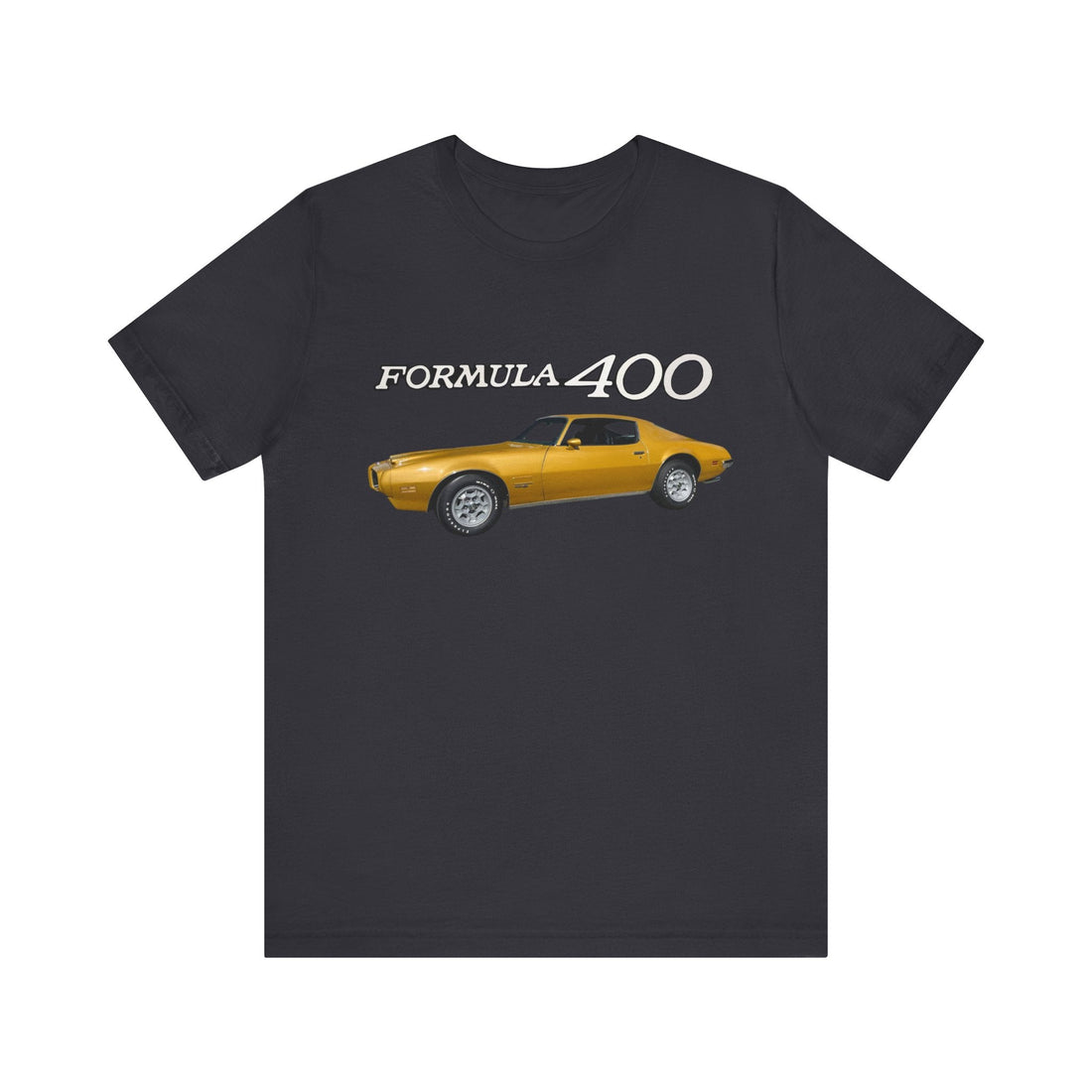 1971 Pontiac Formula Firebird Short Sleeve Tee featuring vintage car graphic on black fabric.