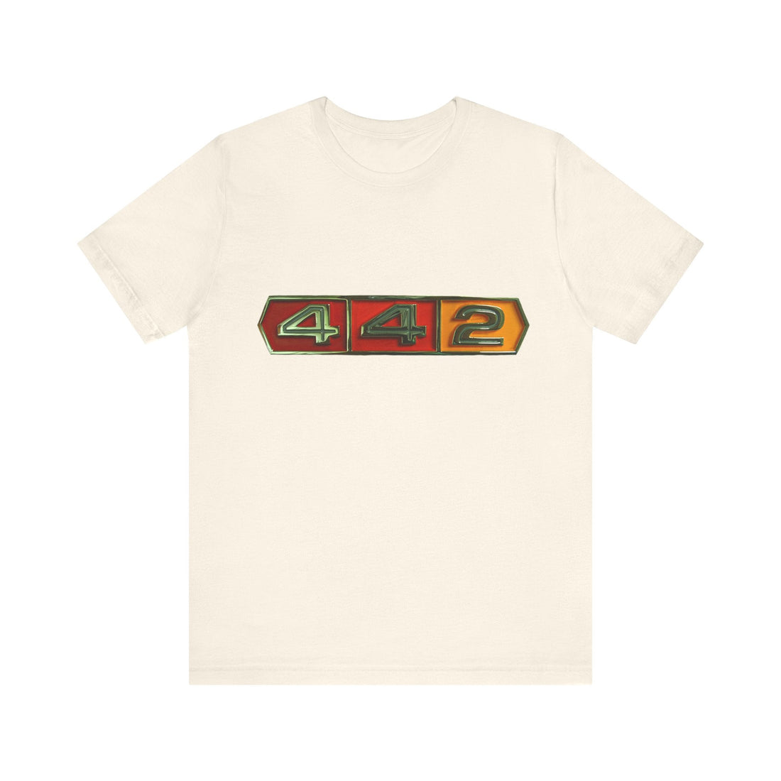442 Tri-color Logo Short Sleeve Tee with colorful graphic on beige fabric.