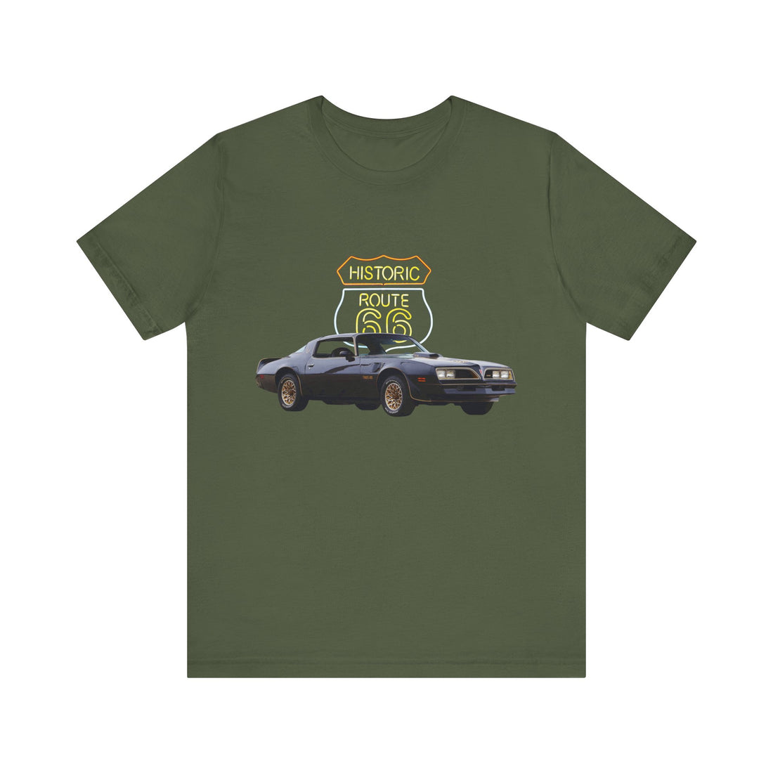 1977 Pontiac Firebird Trans AM in our Route 66 in the dark series Short Sleeve T-Shirt